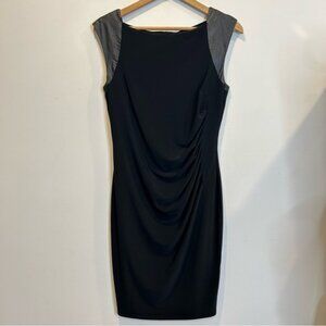 Anne Klein Black Sheath Dress Faux Leather Shoulders